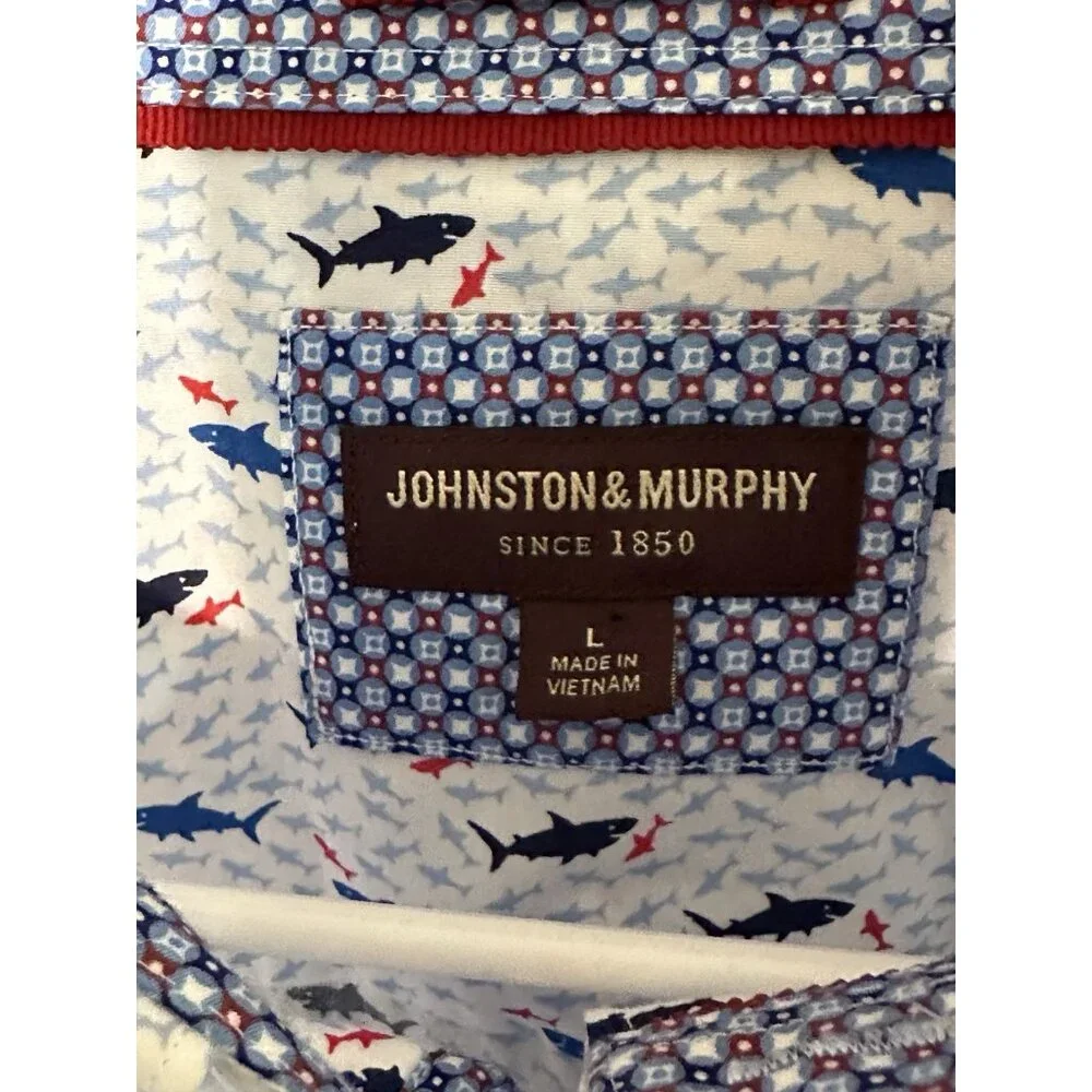Johnston Murphy Men’s Large Shirt White Blue Geometric Shark Print Short Sleeve - Picture 3 of 11